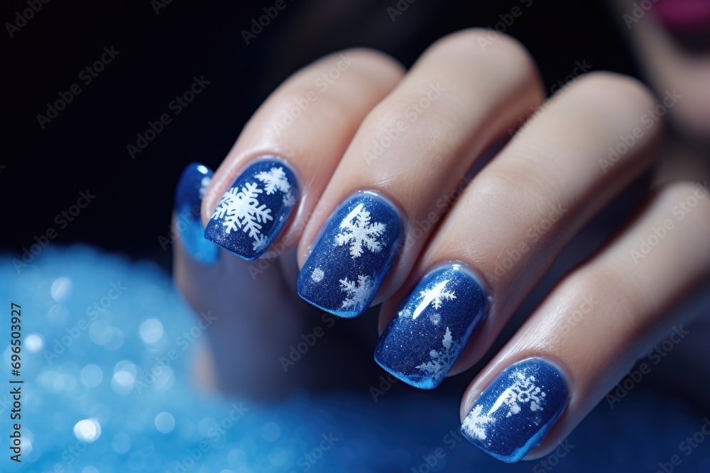 A detailed close-up of a person's hand with a blue manicure adorned with delicate snowflakes. This image can be used to showcase winter-themed nail art or for beauty and fashion-related projects A detailed close-up of a person's hand with a blue manicure adorned with delicate snowflakes. This image can be used to showcase winter-themed nail art or for beauty and fashion-related projects