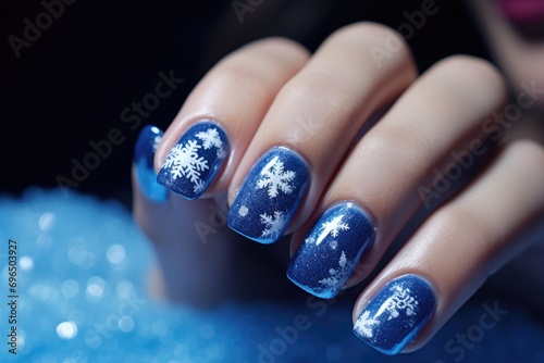 A detailed close-up of a person's hand with a blue manicure adorned with delicate snowflakes. This image can be used to showcase winter-themed nail art or for beauty and fashion-related projects