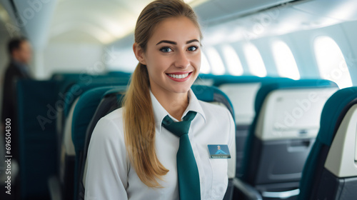 smiling stewardess in a stylish uniform inside an airplane  ready to provide safety instructions to passengers