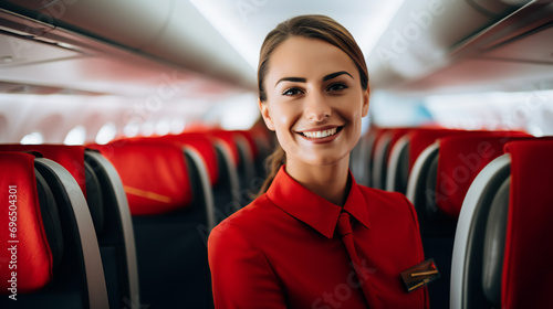 smiling stewardess in a stylish uniform inside an airplane, ready to provide safety instructions to passengers photo