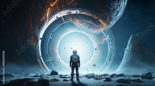 astronaut with his back in front of a portal