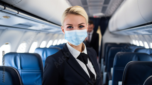 smiling stewardess in face mask a stylish uniform inside an airplane, ready to provide safety instructions to passengers © Bogdan