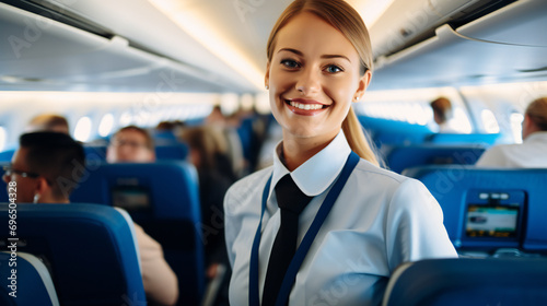 smiling stewardess in a stylish uniform inside an airplane, ready to provide safety instructions to passengers. photo
