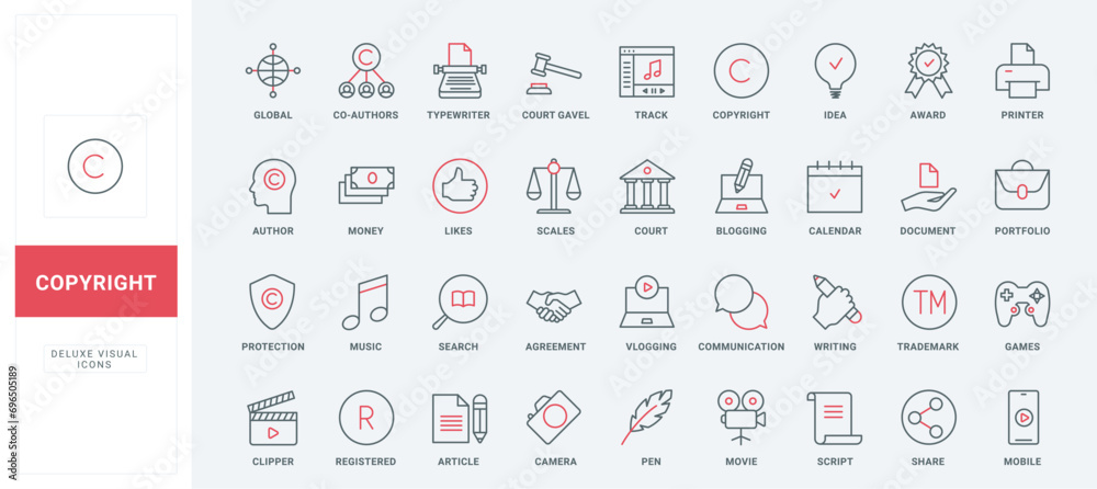 Trademark, patent and intellectual property protection line icons set. Content creation and storytelling, license for music, video and online games thin black and red symbols vector illustration - obrazy, fototapety, plakaty 