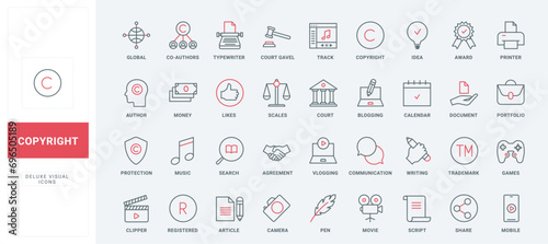 Trademark, patent and intellectual property protection line icons set. Content creation and storytelling, license for music, video and online games thin black and red symbols vector illustration photo