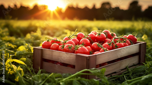Red tomatoes lie in wooden box on green grass backlit by sunlight. Concept of harvesting your own vegetable garden for harvesting for the winter
