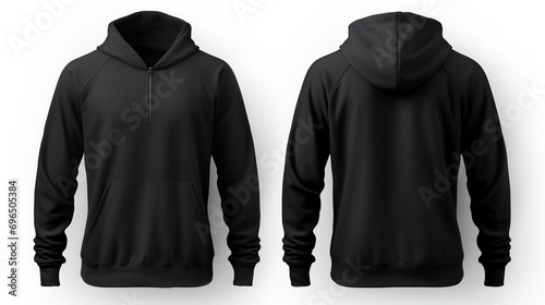 Set of black front and back view tee hoodie on white background. 