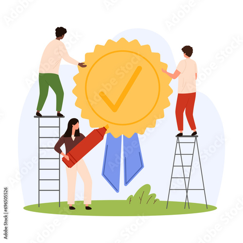 Gold wax seal for good quality, accredited document or certificate. Tiny people mark tick of solved problem, done job and guarantee on round award stamp with ribbon cartoon vector illustration