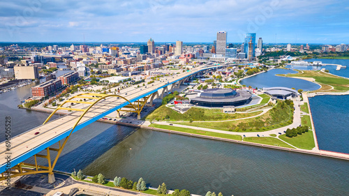 Aerial View of Milwaukee Hoan Bridge and Urban Skyline