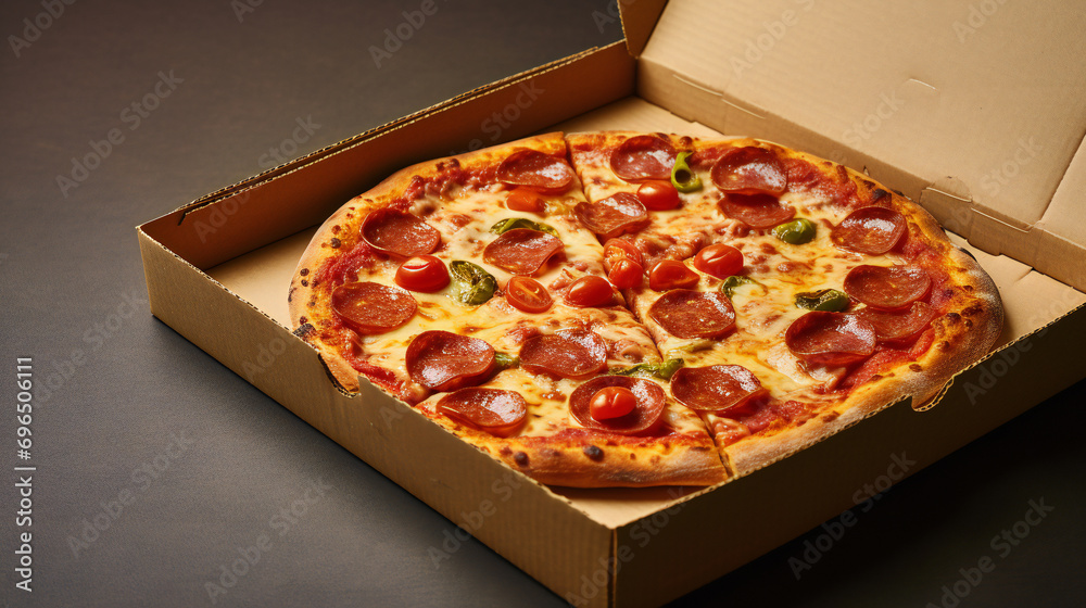 Pepperoni Pizza in Open Cardboard Box on Neutral Background
