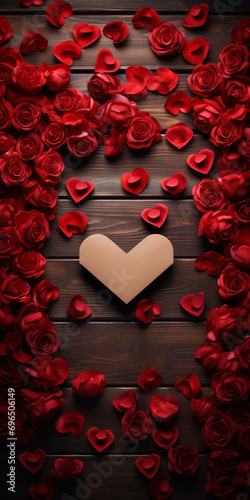 An envelope surrounded by red roses on a wooden table full of little hearts. Valentines day advertisement concept