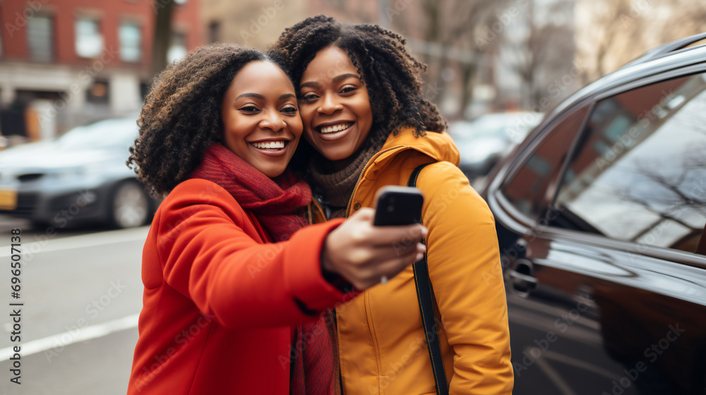Excited African American female traveler smiling and taking selfie near car, Excited African American female traveler smiling and taking selfie near car,