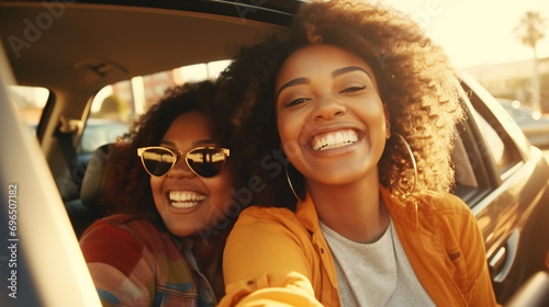 Excited African American female traveler in sunglasses smiling and taking selfie near car, © Bogdan
