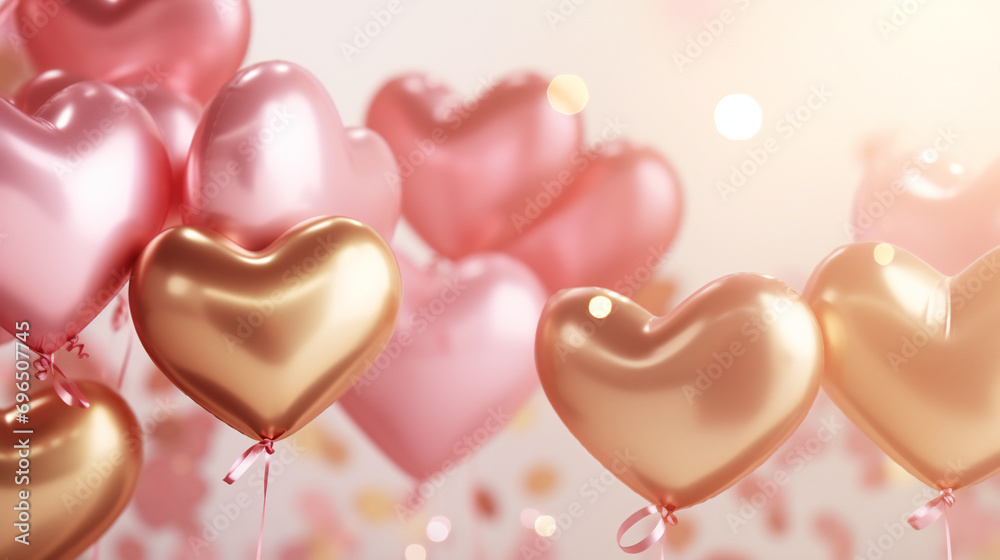 metallic pink and gold balloons hart shapes with confetti. Valentine's day, international women's day, romantic background