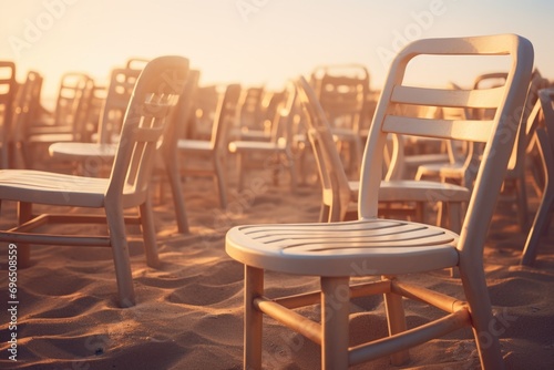 A group of chairs sitting on top of a sandy beach. Ideal for beach resorts  vacation destinations  and relaxation-themed designs