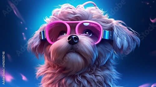 futuristic illustration of petfluencer character Maltese Poodle dog in VR goggles illuminated with pink light against neon blue background,