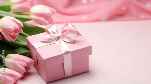 Gift box with a bouquet of pink tulips on garden backgraund. Postcard template Happy Mother's Day, International Women's Day, Birthday, Valentine's Day