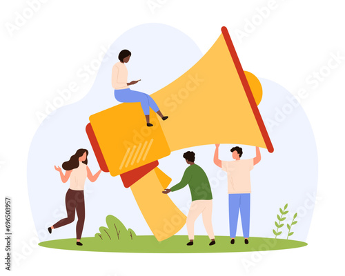 Marketing campaign in social media. Tiny people with big megaphone communicate with audience of customers, PR team characters shout public important message for focus group cartoon vector illustration