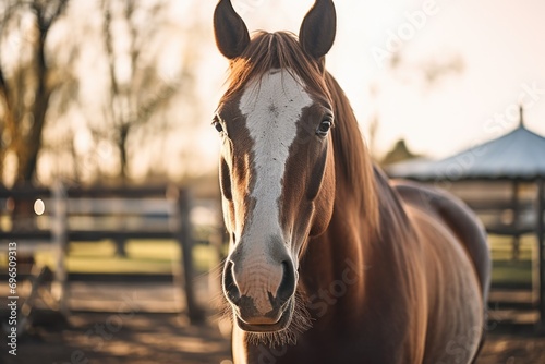 A picture of a brown and white horse standing in a fenced area. Suitable for various purposes