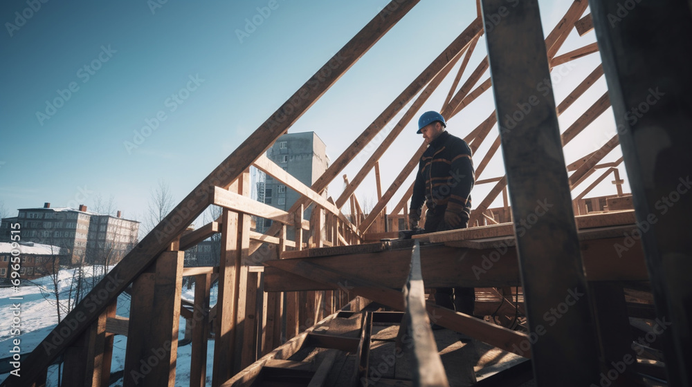 worker roofer builder working on roof structure on construction site. worker roofer builder working on roof structure on construction site.