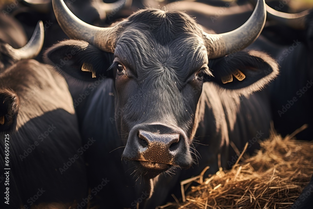 A group of black cows standing together. This image can be used to depict a herd of cows or to illustrate agriculture and farming A group of black cows standing together. This image can be used to depict a herd of cows or to illustrate agriculture and farming