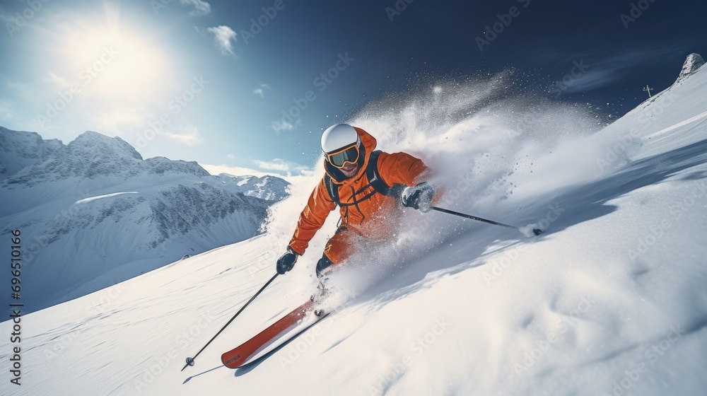 A man is seen riding skis down a snow covered slope. This image can be used to depict winter sports and outdoor activities