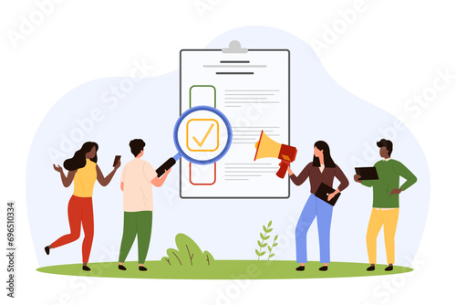 Inspection and analysis of survey list. Tiny people looking through magnifying glass at checkmark, analyze paper questionnaire document on clipboard, holding megaphone cartoon vector illustration