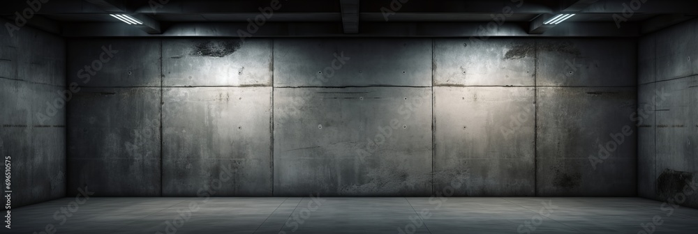 A room with harsh concrete walls. Dark interior is illuminated by spotlights A room with harsh concrete walls. Dark interior is illuminated by spotlights