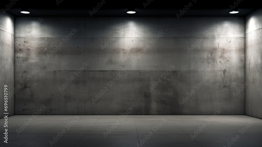 A room with harsh concrete walls. Dark interior is illuminated by spotlights A room with harsh concrete walls. Dark interior is illuminated by spotlights