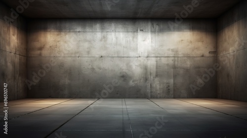 A room with harsh concrete walls. Dark interior is illuminated by spotlights