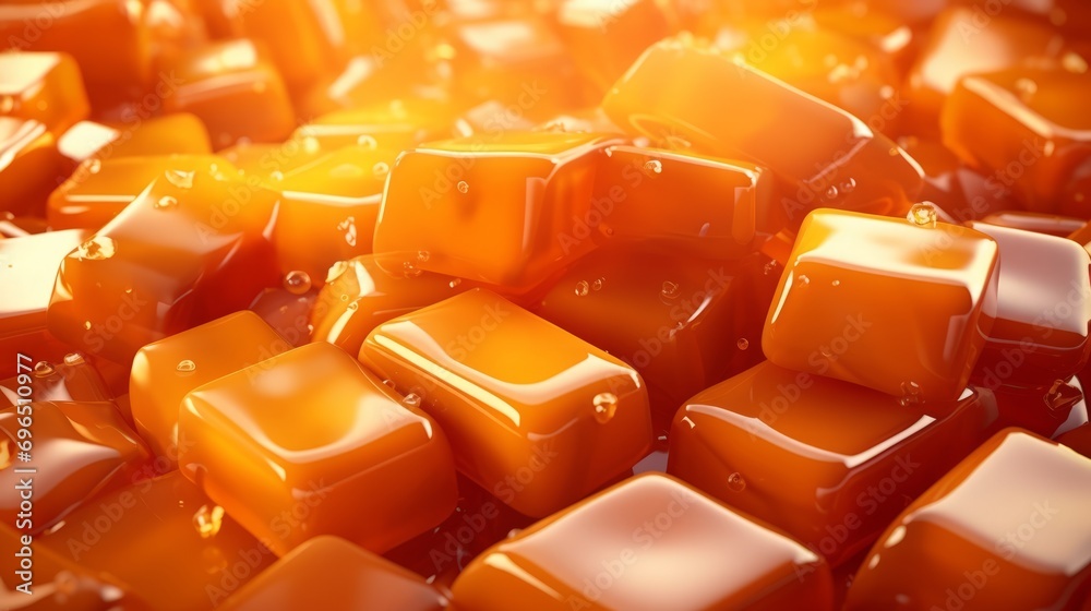 Delicious caramel candies on a background of juicy caramel sauce. Sweet texture background Delicious caramel candies on a background of juicy caramel sauce. Sweet texture background