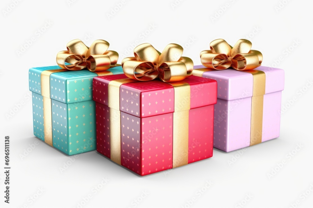 Obraz premium Three vibrant gift boxes with bows, perfect for any occasion. Use this image to showcase the joy and excitement of receiving gifts.