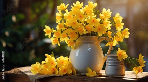 A beautiful vase of yellow flowers adorns a wooden table. Perfect for adding a touch of brightness to any room
