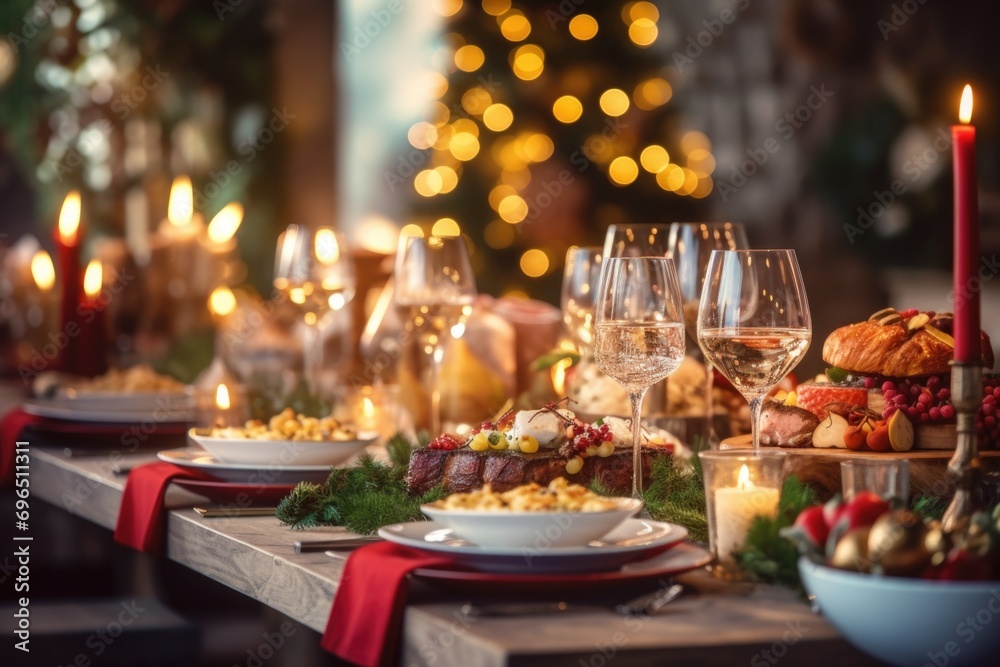 A long table filled with plates of food and wine glasses. Suitable for restaurant menus or catering services A long table filled with plates of food and wine glasses. Suitable for restaurant menus or catering services