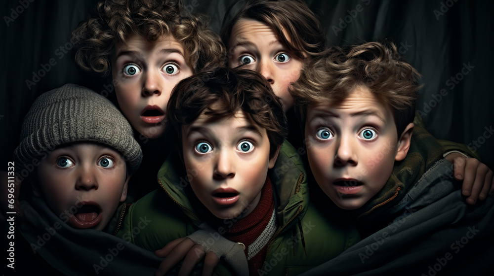 Surprised kid watching movie in cinema theater