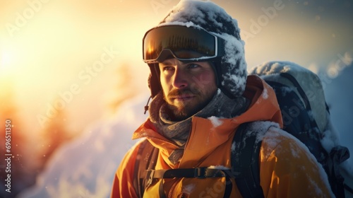 A man wearing a backpack and goggles standing in the snow. Suitable for outdoor adventure and winter sports themes