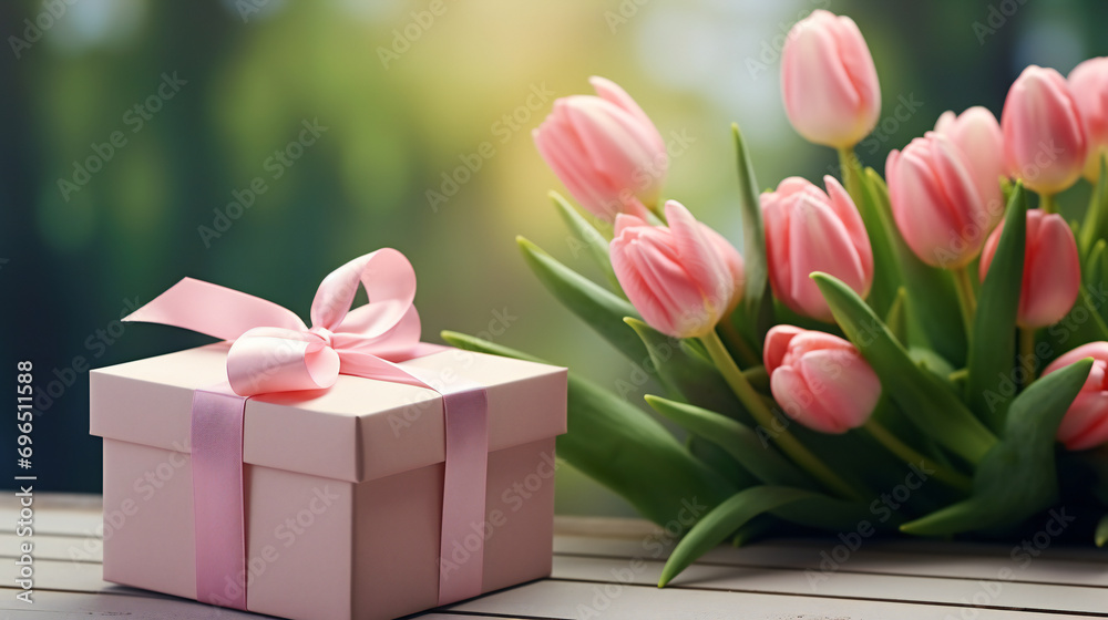 Gift box with a bouquet of pink tulips on garden backgraund. Postcard template Happy Mother's Day, International Women's Day, Birthday, Valentine's Day