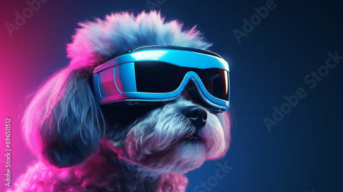 futuristic illustration of petfluencer character Maltese Poodle dog in VR goggles illuminated with pink light against neon blue background, © Bogdan