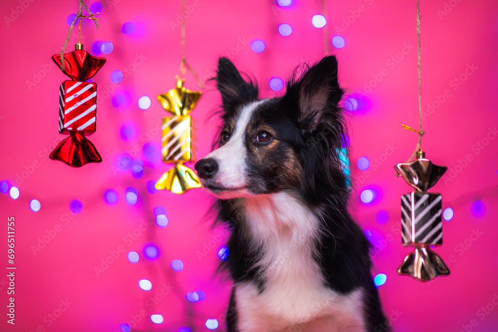 border collie w świątecznej scenerii z cukierkami na różowym tle z bokeh