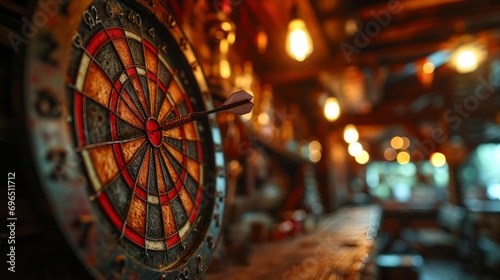 Dart arrow in centre of dartboard. Diffuse background of pub bokeh. photo