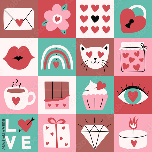 Mosaic seamless pattern for Valentine's Day. Geometric background with love symbols. Design for greeting card, wrapping paper or poster