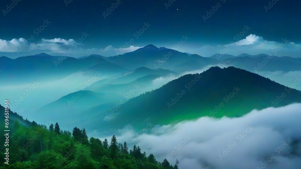 Tranquil sunrise over misty forest in mountain landscape