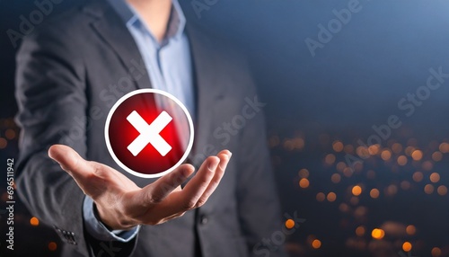 hand holds icon cancellation symbol cancel icon cross mark flat red icon round x mark cancel button wrong cross mark rejection declined on dark background banner copy space place for text photo