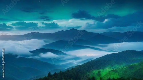 Tranquil sunrise over misty forest in mountain landscape © anamulhaqueanik