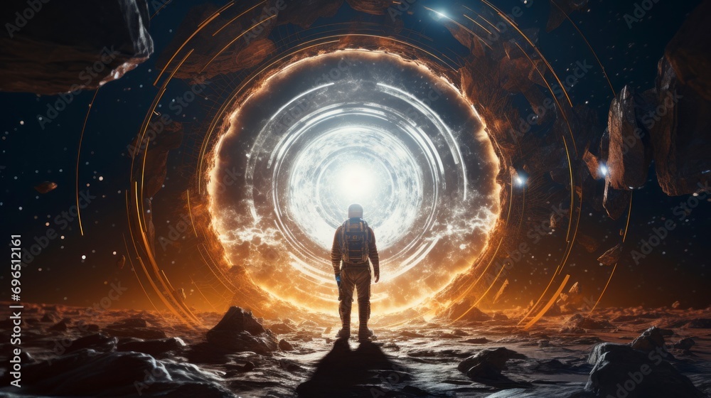 puzzled astronaut with a portal in front - obrazy, fototapety, plakaty 