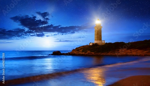 beautiful night seascape with lighthouse at blue dark night