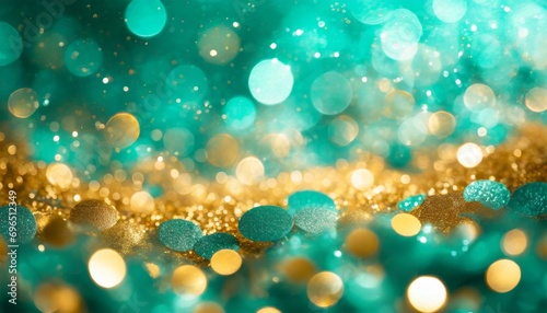 teal green and gold glitter bokeh background for holiday celebration