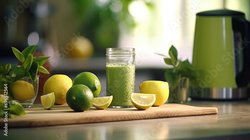 A jar of green liquid is placed on a cutting board, accompanied by fresh lemons. This image can be used to depict healthy eating, natural ingredients, or the preparation of refreshing beverages