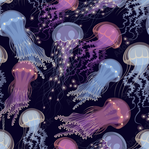 Vector seamless pattern with glowing jellyfish