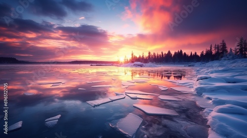 winter landscape with frost, snow and ice on lake and sunset sky with dramatic colored clouds